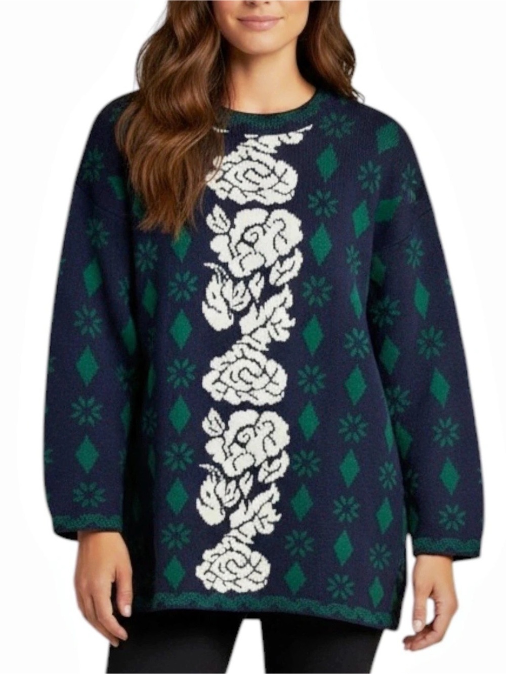 SWEATER EXCHANGE Geometric Crew Neck Sweater in Blue/Green/White Size Large